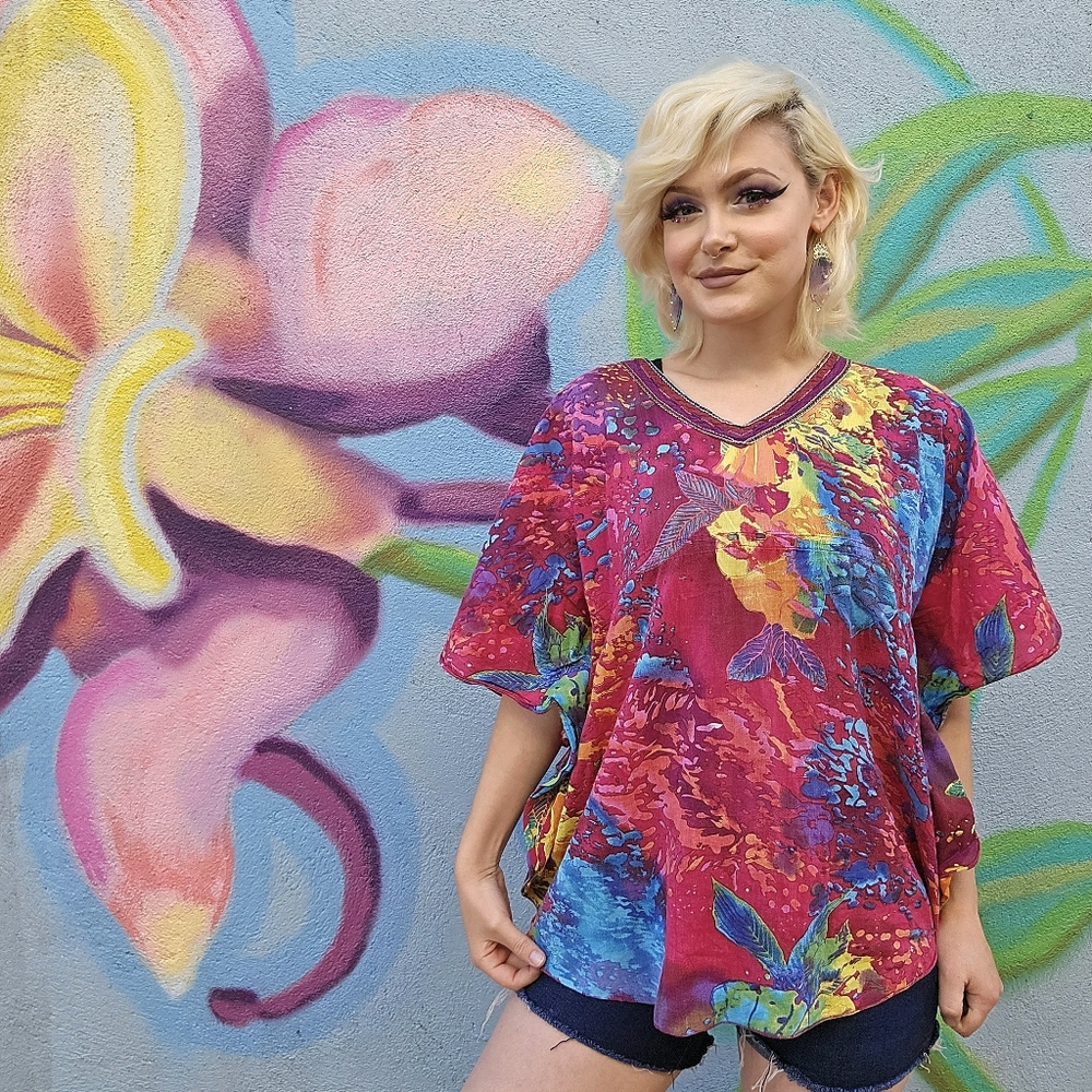 BIBA Vintage Rainbow Watercolor Style Abstract Paint Splatter Batwing Top